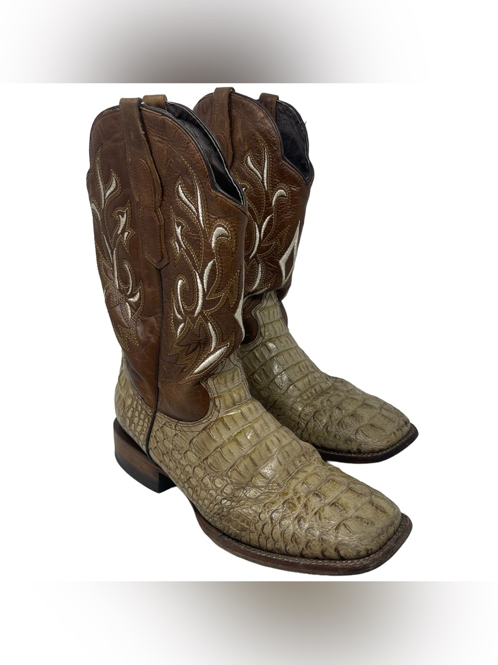Reywelt Alligator PRINT Western Square Toe Cowboy Boots Mens Size 10 Beige Brown